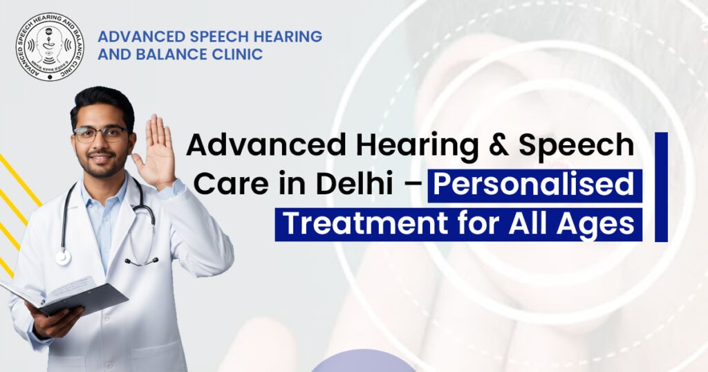 Smiling male doctor in white coat holding a book, raising hand in greeting, representing personalized hearing and speech care at a clinic in Delhi.