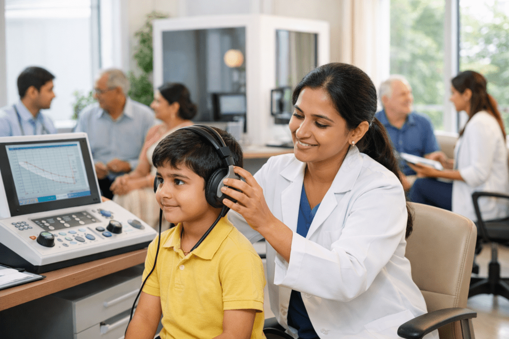 A professional audiologist in a modern Delhi clinic gently assists a young boy with a hearing test, while diverse patients, including adults and seniors, are seen in the bright, welcoming background.