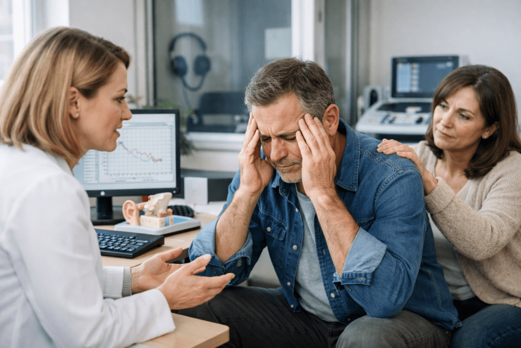 Audiologist consulting a stressed adult patient in a modern hearing and speech clinic, with advanced testing equipment visible and a supportive family member offering comfort in a calm, well-lit environment.
