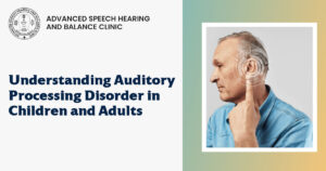 Man pointing to ear explaining auditory processing disorder and hearing difficulties in adults