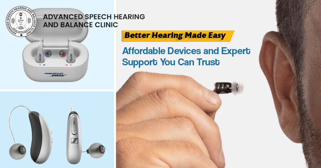 Modern digital hearing aids and wireless hearing devices displayed alongside a person inserting a hearing aid, highlighting affordable hearing solutions and expert hearing care support.