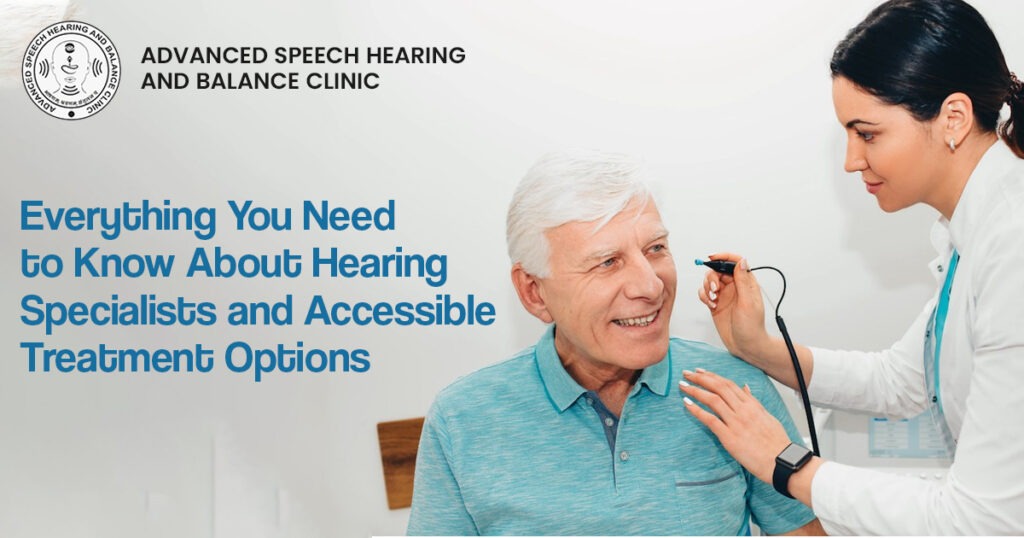 Audiologist performing a hearing examination on a senior patient at Advanced Speech Hearing and Balance Clinic, highlighting accessible hearing care and professional audiology services.