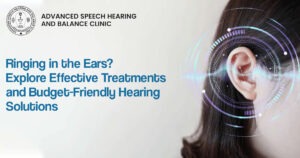 Close-up of a woman’s ear with digital sound wave graphics, promoting tinnitus treatment and affordable hearing solutions from Advanced Speech Hearing and Balance Clinic.